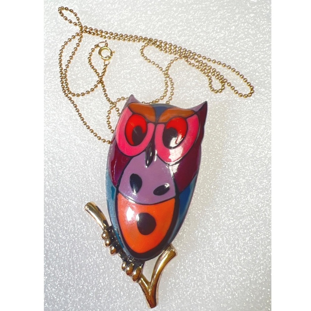 Vintage Eisenberg 3" Owl Pendant Gold Filled Ball Chain 24" Purple Teal Pink 26g